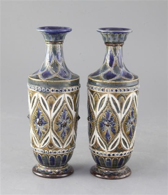 A pair of Doulton Lambeth stoneware vases, decorated by Elizabeth Fisher, height 21cm